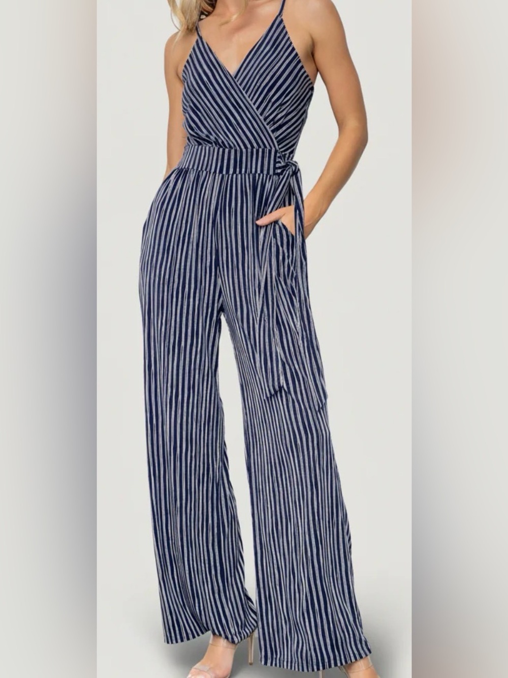 Baltic Born Navy and White Striped Wide-Leg Jumpsuit with Tie Waist